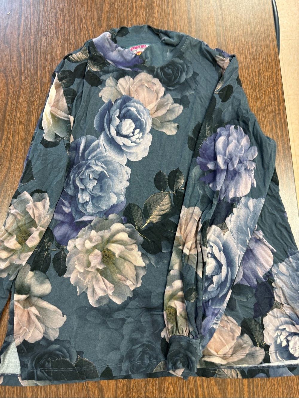 Johnny Was Blue Floral Long Sleeve Tee with Cream and Lavender Blooms